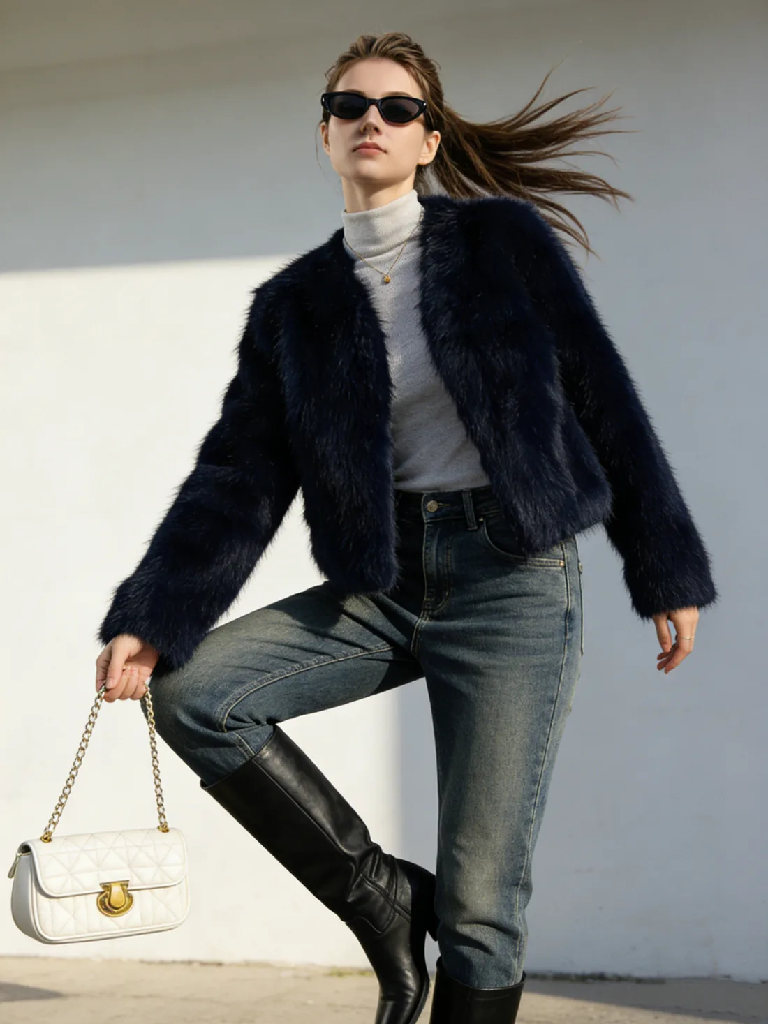 Royal Blue Fur Jacket styled as fashion outerwear