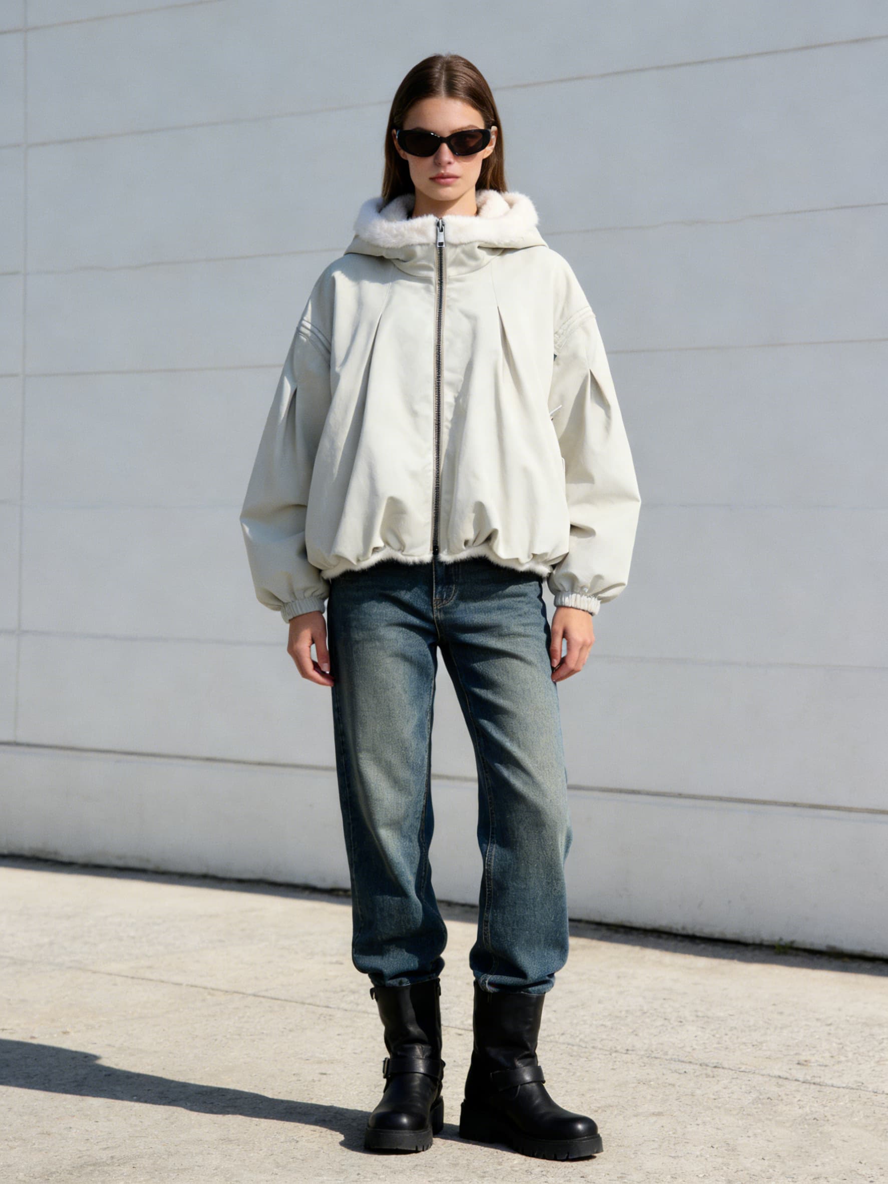Silver Gray Plush Coat styled on model