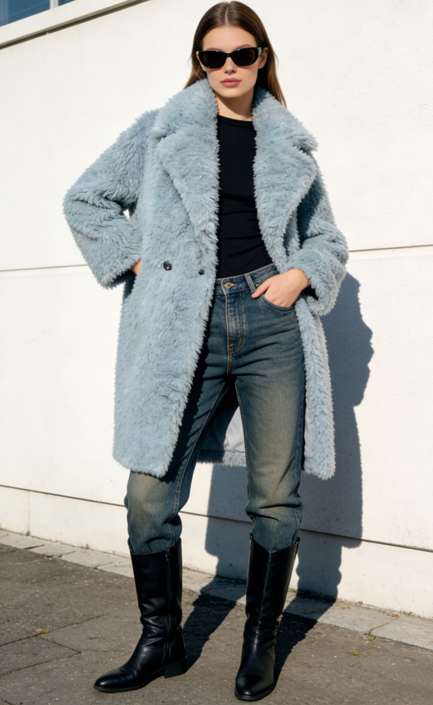 White & Blue Fur Coat styled on model