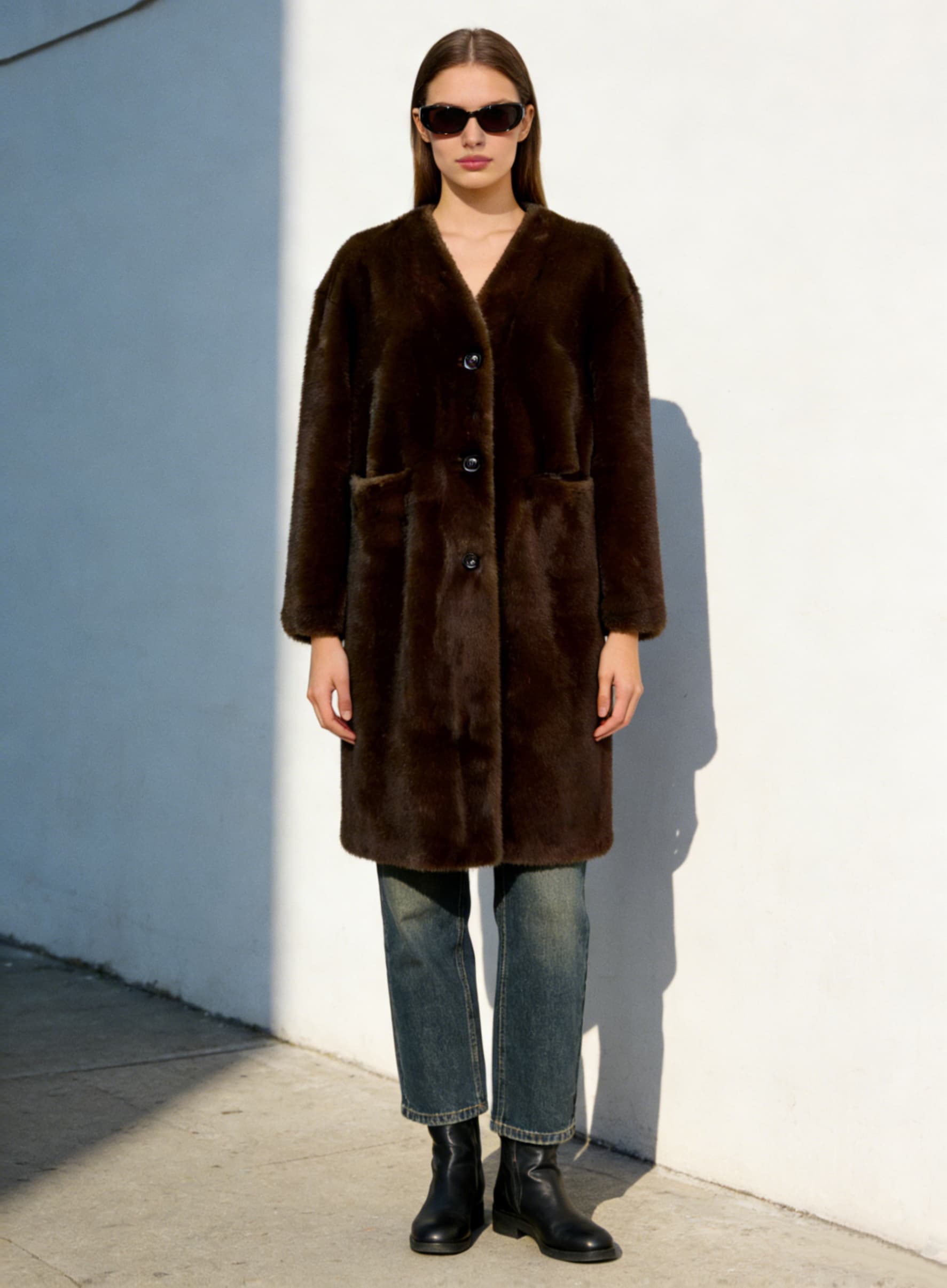 Deep Brown Fur Coat styled on model
