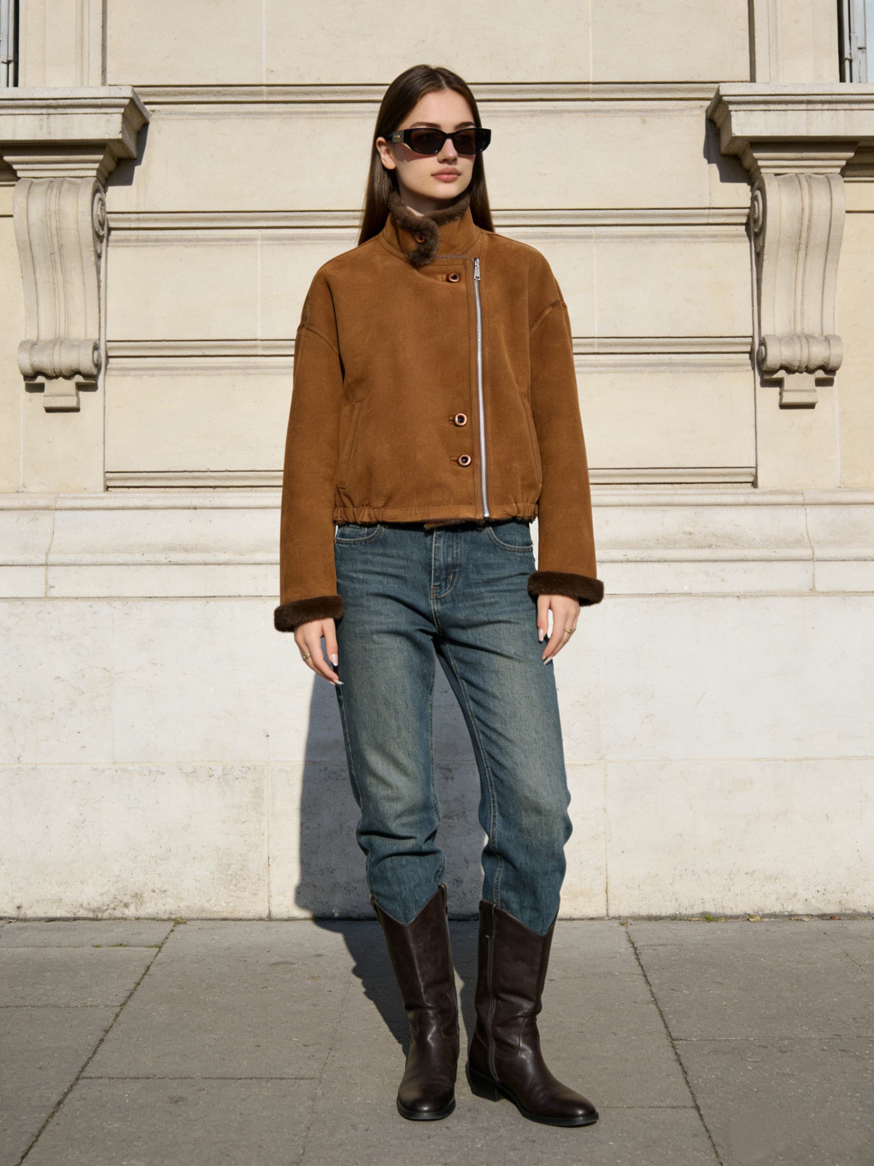 Brown Reversible Suede Coat styled on model