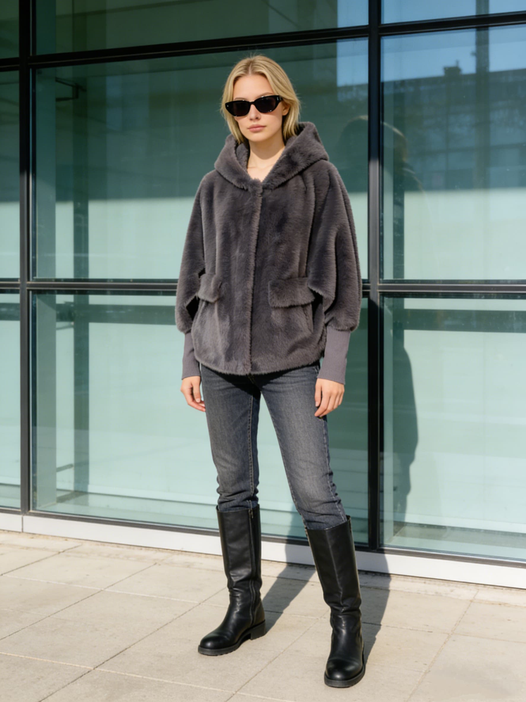 Iron Gray Fur Jacket styled on model